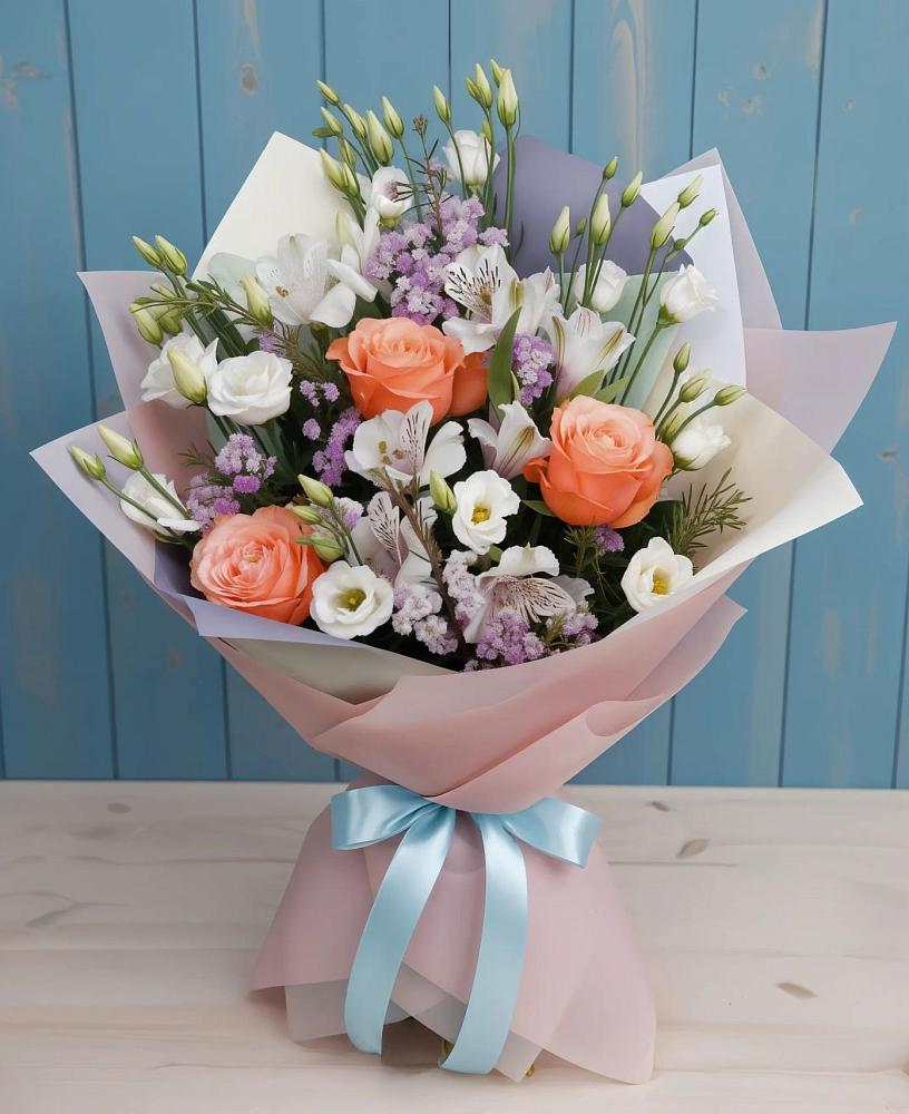 Букет цветов из: Лизиантусы, Розы, Альстромерии и Гипсофила в Орехово-Зуево