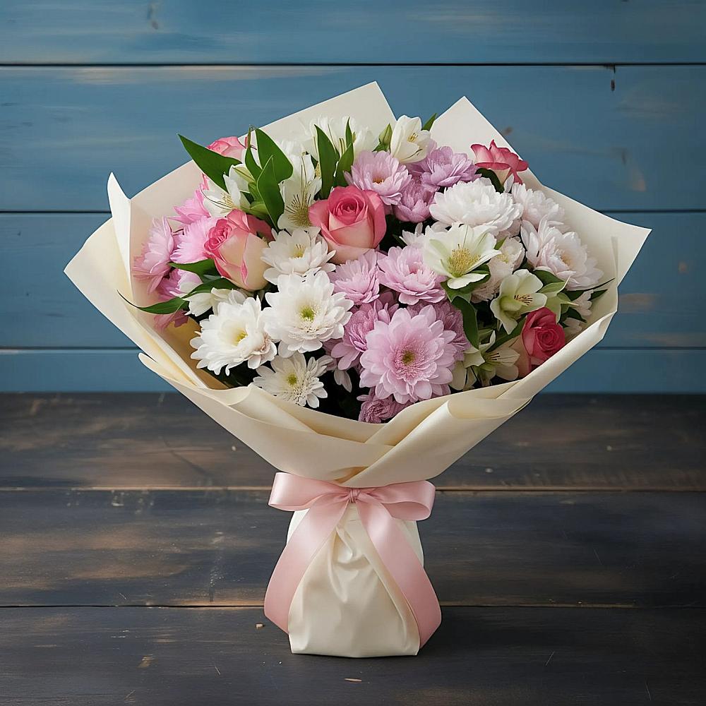 Букет цветов из: Хризантемы, Альстромерии и Розы в Орехово-Зуево